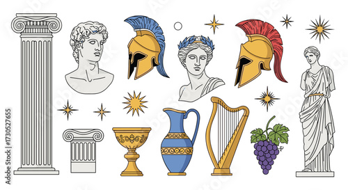 Ancient greek mythological elements and ancient greek statues and artifacts.