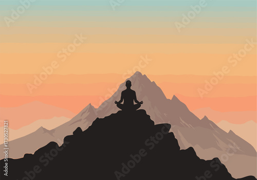 Silhouette of person meditating on mountain peak at sunset, meditation, silhouette, person, man, woman, meditating, yoga, zen, peace, calm, relaxation, mindfulness, spiritual, wellness, health, exerci