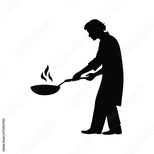 Silhouette of a chef skillfully cooking with a wok and producing flames, person frying food silhouette vector illustration