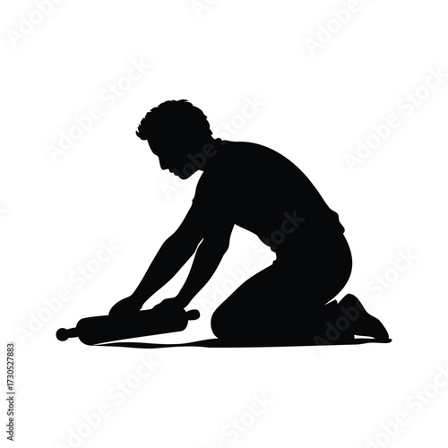 Silhouette of person kneeling and rolling something on a surface with focus, person rolling dough silhouette vector illustration