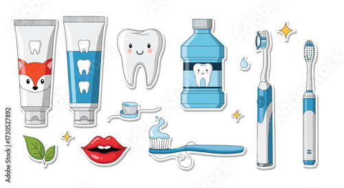 A collection of dental hygiene items promoting healthy teeth.