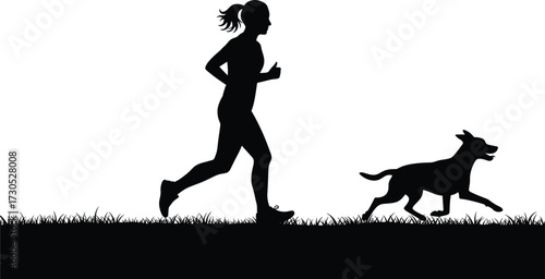 Silhouette of woman running with dog on grass on white background running, woman, dog, active, field, design, white, woman, exercise, vector, outdoor, breed, running, activity, sport, silho