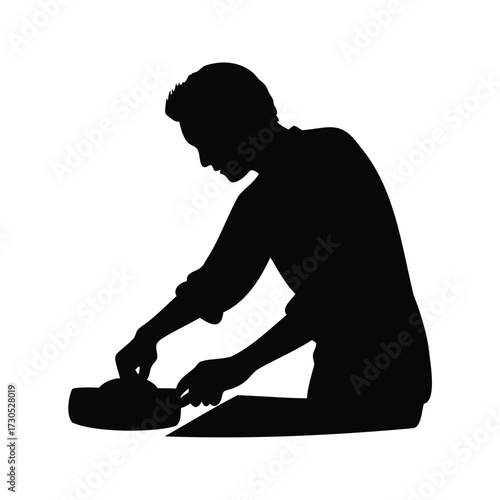 Silhouette of a person cooking with a pot or pan on a table, person slicing bread silhouette vector illustration