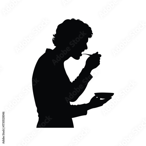Silhouette of person eating with spoon and bowl, possibly soup or cereal, person tasting food silhouette vector illustration