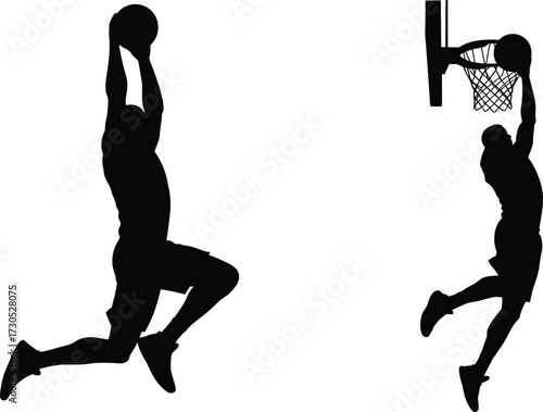 Silhouettes of basketball players dunking slam dunk, silhouette, basketball, players, dunking, slam dunk, hoop, net, game, sport, action, athletic, competition, jump, leaping, throwing, ball, motion, 