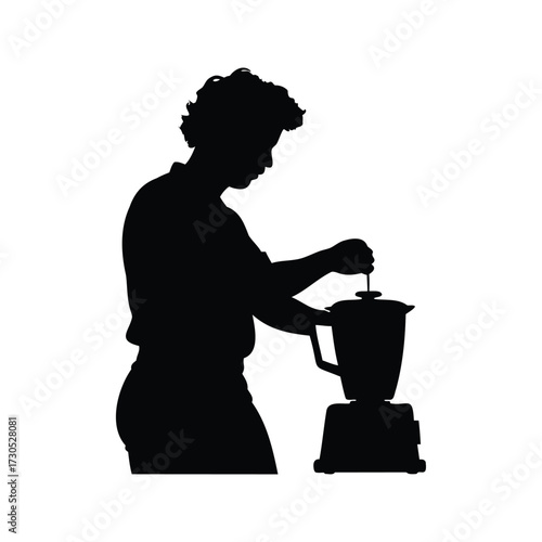 Silhouette of person using a blender to prepare a smoothie or drink, person using blender silhouette vector illustration