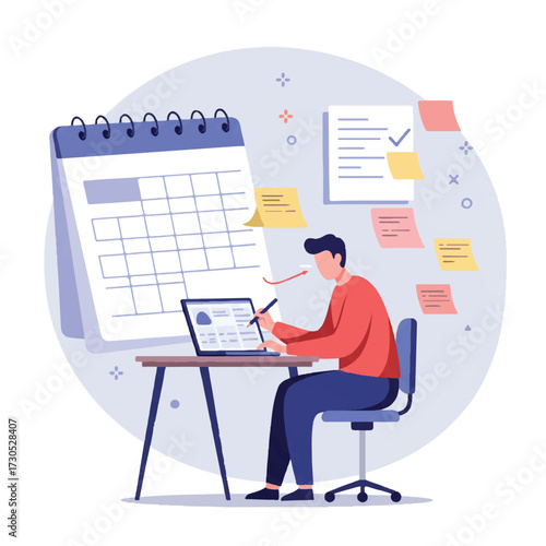 A focused professional efficiently manages tasks at a desk, surrounded by a digital calendar, a growing to-do list, and flying sticky notes, depicted in a vibrant 2D flat vector.