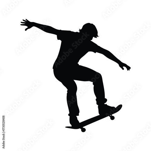 Silhouette of a skateboarder performing a trick against a white background design, skateboarder doing manual trick silhouette vector illustration