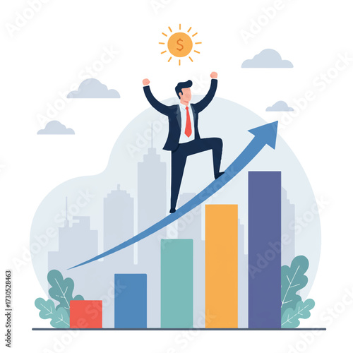 A triumphant business person celebrates a significant achievement atop a rising bar chart, set against a subtle cityscape in a vibrant 2D flat vector illustration.