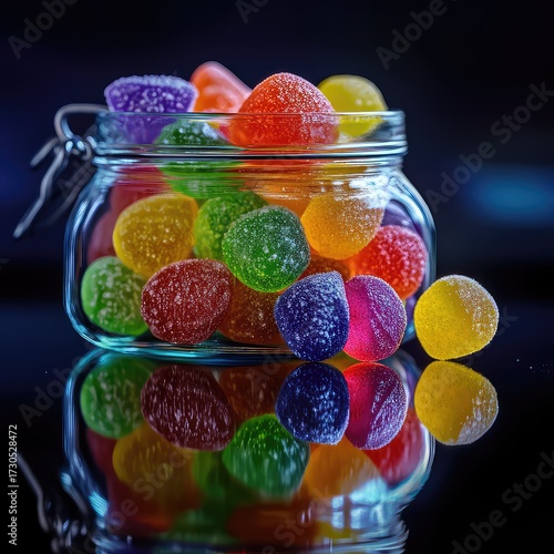 Colorful sugar-coated jelly drops in a glass jar with reflection on a dark background