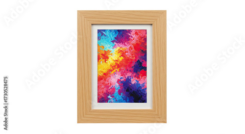 Colorful abstract artwork encased in a natural light wood frame.