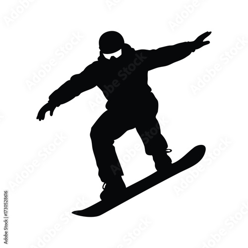 Black silhouette of a snowboarder performing a jump against a white background, snowboarder doing trick silhouette vector illustration