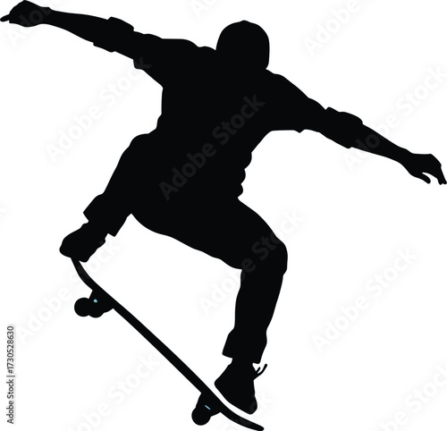 Skateboarder silhouette performing a trick with arms outstretched, skateboarder, silhouette, trick, skateboarding, sport, action, jump, air, extreme, athlete, male, person, dynamic, movement, energy, 