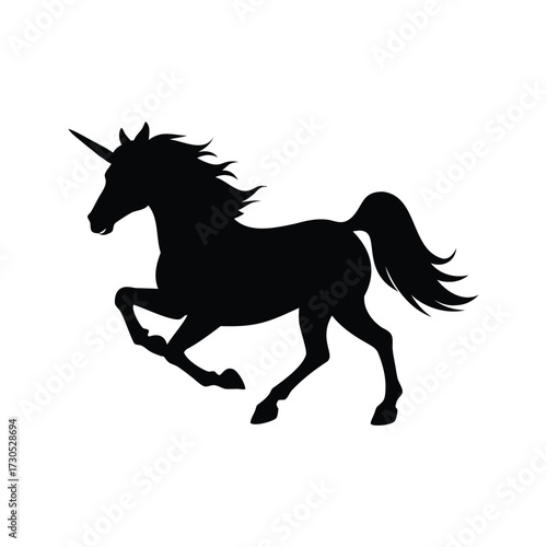 Galloping unicorn silhouette on a white background demonstrating magic and fantasy, unicorn galloping silhouette vector illustration