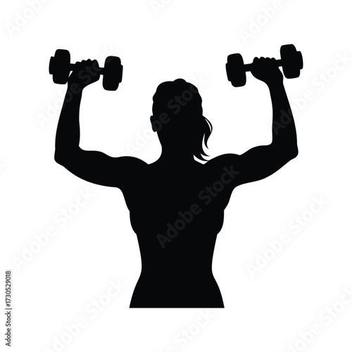 Silhouette of a muscular woman lifting dumbbells in a fitness setting, woman lifting dumbbells silhouette vector illustration