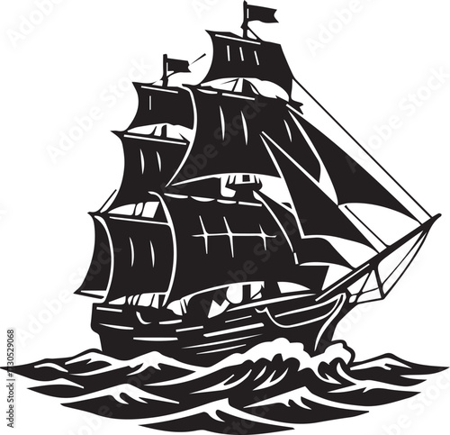 Sailboat silhouette. This image shows a black and white silhouette of a sailboat with two sails and a mast, commonly used in nautical-themed designs. Vector clipart illustration design