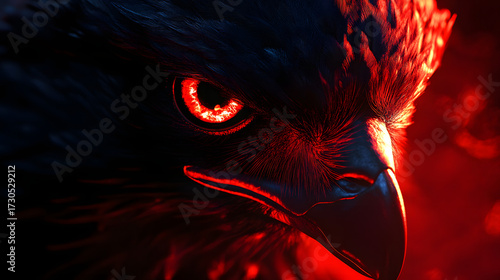 Detailed close-up of a stylized bird's head, featuring a fiery red eye, sharp focus, and dramatic lighting.