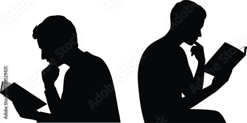 Two men sitting and reading books in silhouette vector, silhouette, men, sitting, reading, book, isolated, white background, male, persons, figures, profiles, side view, posture, hand on chin, holding