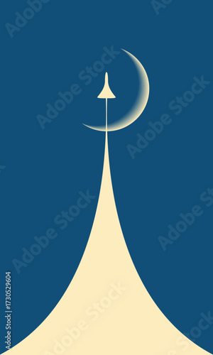 Minimalist graphic illustration of a rocket launching towards a crescent moon in a dark blue sky.