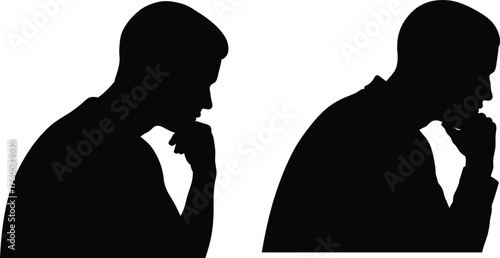 Two Silhouettes of Men Thinking contemplation thought, thinking, man, silhouette, contemplation, thought, pensive, profile, head, chin, hand, gesture, male, person, idea, problem, decision, concentrat