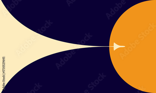 A minimalist graphic illustration of a spaceship approaching a large orange celestial body in deep space.