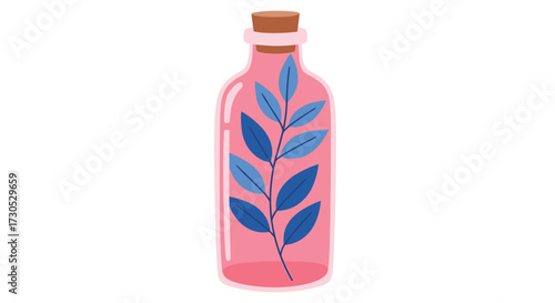 A pink bottle with a plant inside. .