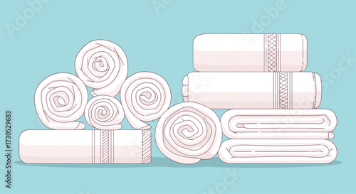 A collection of neatly rolled and folded white towels on a light blue background.