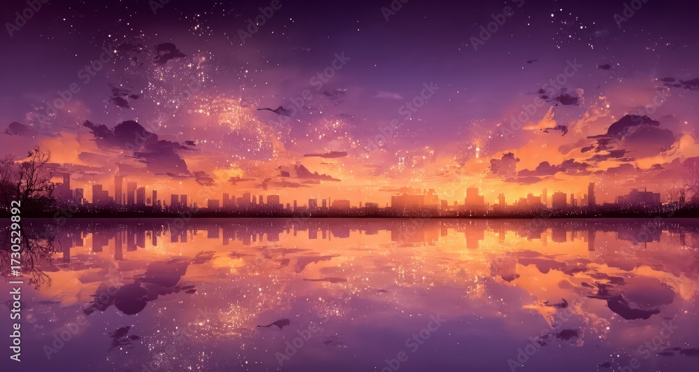 Naklejka premium Beautiful sunset with a city in the background. The sky is filled with stars and the water is calm