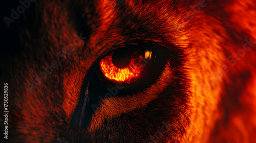 Intense close-up of a creature's eye, with blazing orange-red hues, showcasing fur texture and a sense of danger.
