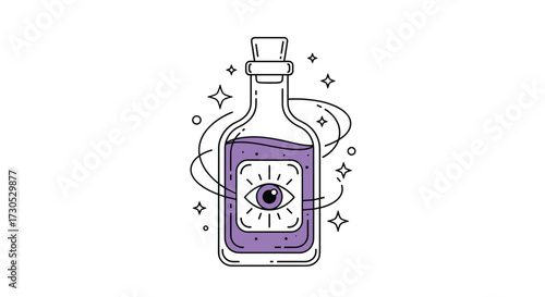 A magical potion bottle with an eye symbol swirls and sparkles.