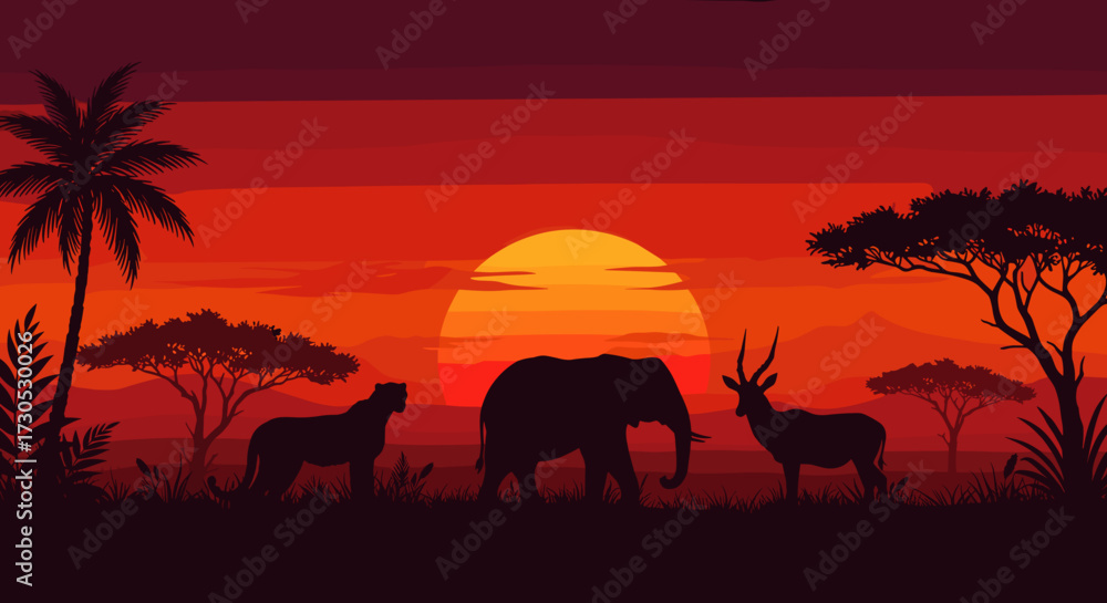 Obraz premium African wildlife silhouette at sunset with elephant and antelope 