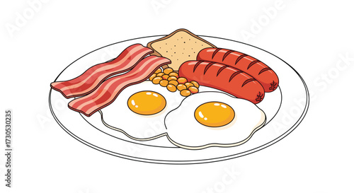A hearty breakfast of fried eggs bacon sausages toast and beans.