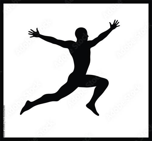 Black silhouette of a man jumping in a square frame, man, jumping, silhouette, fitness, active, frame, legs, keywords:, arms, design, white, exercise, vector, leap, black, form, activity, spo
