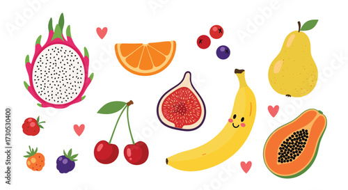 A collection of colorful and delicious fresh fruits is presented on a white background.