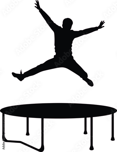 Black silhouette of man jumping on trampoline on white background, trampoline, jumping, active, legs, keywords:, arms, design, white, trampoline, exercise, vector, leap, black, outdoor, adult