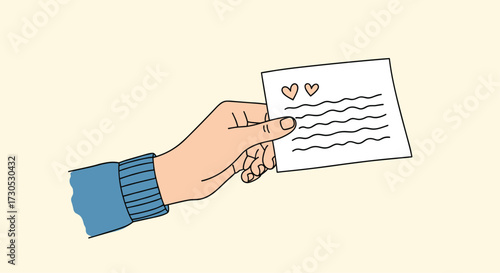 A hand is giving a letter with hearts to someone.
