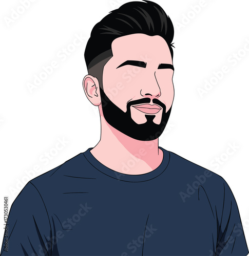 Stylized modern male portrait with beard, closed eyes, confident smile, minimal color palette, vector art for avatar or branding