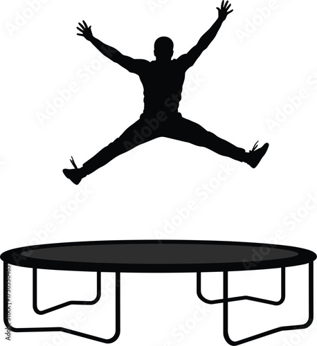 Black silhouette of man jumping on trampoline on white background, trampoline, jumping, active, legs, keywords:, arms, design, white, trampoline, exercise, vector, leap, black, outdoor, adult