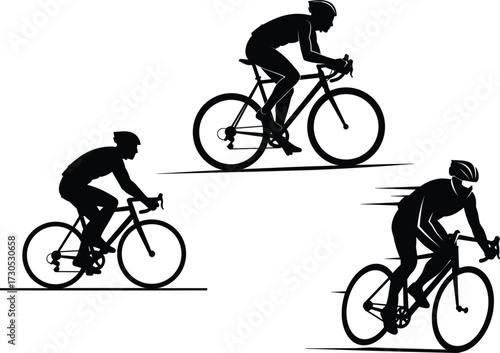 Cyclists Silhouettes In Motion On White Background, cycling, cyclist, bicycle, sport, race, speed, athlete, active, fitness, healthy, lifestyle, competition, road bike, helmet, motion, movement, silho