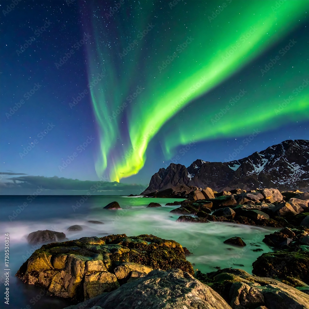 Naklejka premium Northern Lights Over Rocky Coastline.