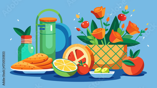 Vibrant still life of fruits flowers and bottles on blue background