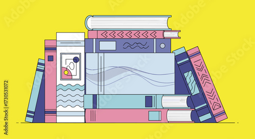 A collection of colorful books stacked together on a bright yellow background.