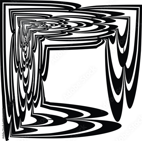 Black and white optical illusion art, possibly intended as abstract imagery. The pattern is composed of distorted rectangles forming a maze-like shape.