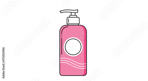 A pink pump bottle with wavy lines on its side and a white circle on the label.