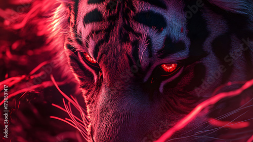 Close-up image of a tiger's face, showcasing intense red eyes and glowing fur details against a dark backdrop.