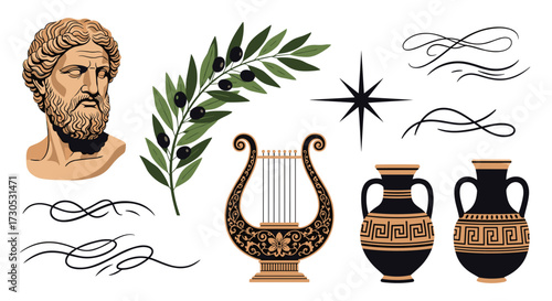 Ancient Greek cultural elements depicted with a bust of a bearded man an olive branch a lyre and amphorae.