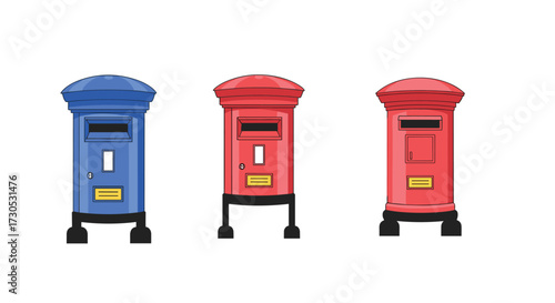 Three distinct classic mailboxes are displayed side by side.