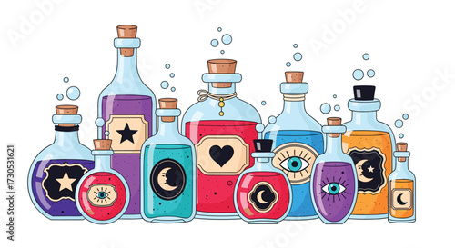 A collection of magical potions with various symbols and colors.