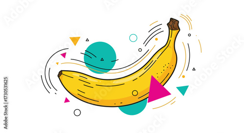A yellow banana with abstract shapes and lines surrounding it.