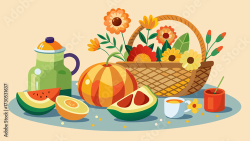 Autumn harvest still life with flowers and fruit